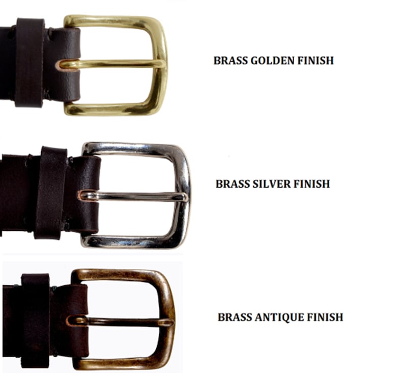 May include: Three leather belts with brass buckles in different finishes: golden, silver, and antique.
