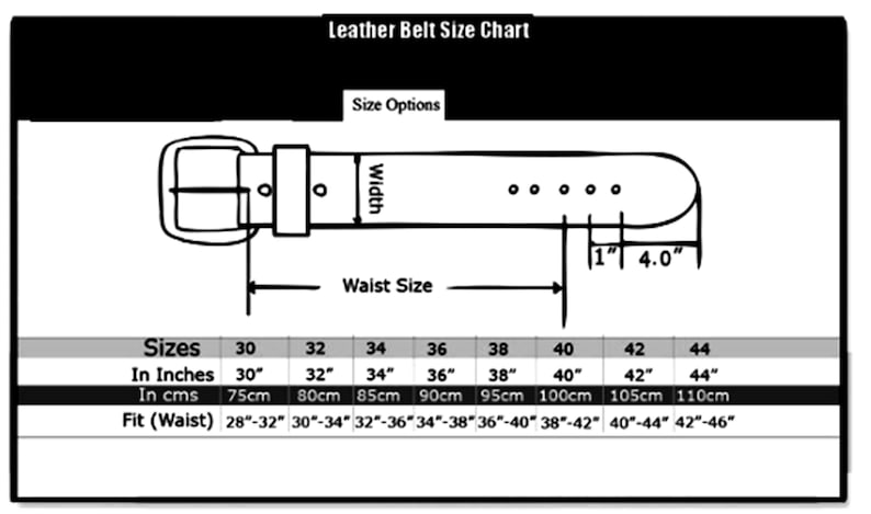 May include: Leather belt size chart with measurements in inches and centimeters. The chart shows the belt size in inches, centimeters, and the corresponding waist size fit.