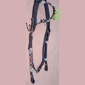WeavingCraft Genuine Top Grain Black Leather Western One Ear Headstall Bridle Hand Braided Multicoloured Beads Matching Rawhide knots HP619