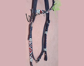 WeavingCraft handgevlochten leren western hoofdstel met één oor: ongelooide huid knopen kralenwerk RSI619
