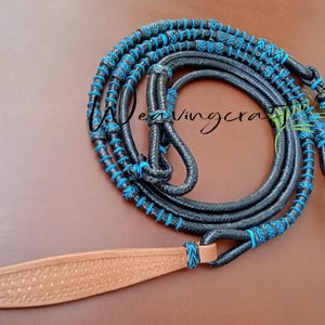 Handmade Braided Rawhide Romal Reins: Turquoise & Black Leather