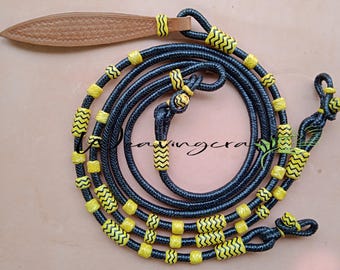 WeavingCraft Handgjorda flätade romerska tyglar i råhud: Svart & gult läder, Ranchrep 323