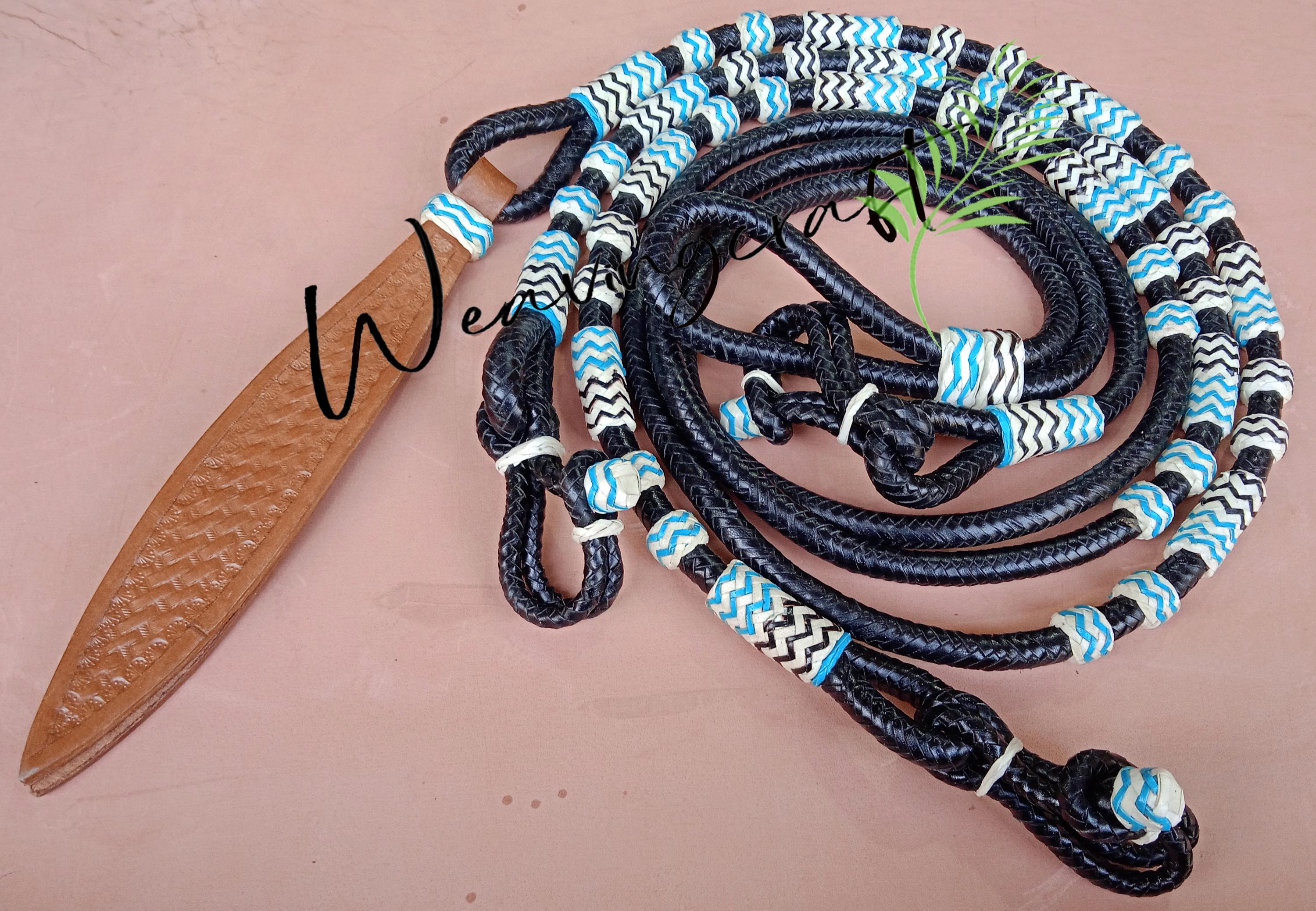 Handgeflochtene Romal Zügel Aus Rohleder - 2,5m Ranch Seil | Naturknoten Schwarz-Braun