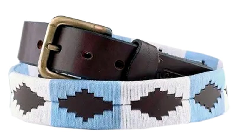May include: A brown leather belt with a brass buckle and a blue and white woven strap with a repeating pattern.