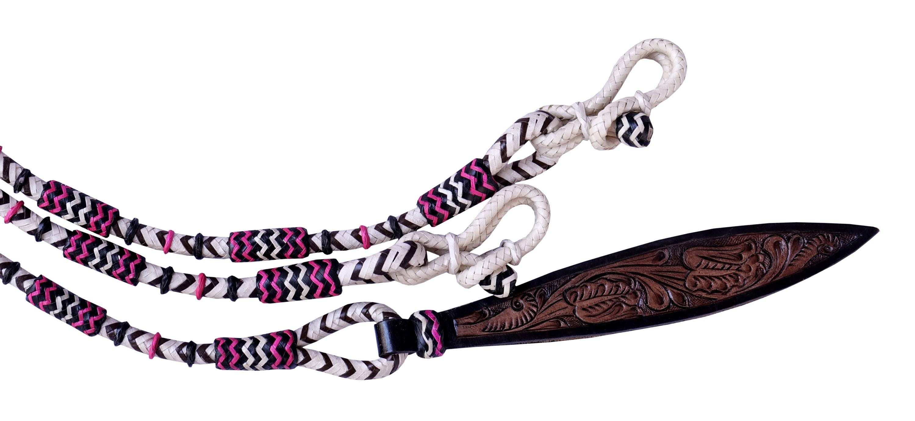 Rênes Romel En Cuir Tressé Main – Noir Et Rose – Pour L'équitation Western