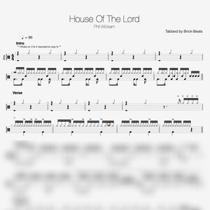 Może przedstawiać: Nuty do solówki perkusyjnej zatytułowanej "House Of The Lord" autorstwa Phila Wickama. Nuty zawierają tempo, metrum i zapis perkusyjny utworu. Utwór został zapisany w tabulaturze przez Brick-Beats.