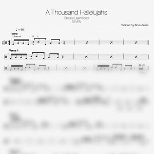Puede incluir: Una partitura musical para una canción titulada "A Thousand Hallelujahs" de Brooke Ligertwood. La canción forma parte del álbum "SEVEN". La partitura está tabulada para batería e incluye las secciones de tempo, intro y verso 1.