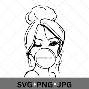 Op de afbeelding: Zwart-witte lijntekening van een vrouw met haar haar in een knot die een bel blaast. De vrouw kijkt naar de bel.