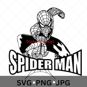 May include: Black and white illustration of Spiderman in a web-slinging pose with the text "SPIDERMAN" below him and "SVG PNG JPG" below that.