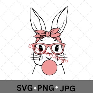 Bunny met bandana, kauwgom Svg, Pasen Svg, kauwgom svg, konijntje met kauwgom svg, Cricut-bestanden, afdrukbaar, silhouet