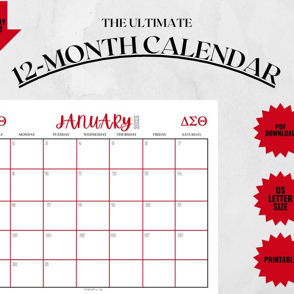 Monthly Calendar for 2023 12 Month Calendar Minimalist Calendar for Delta Sigma Theta Digital Calendar for Back to School PDF Printable