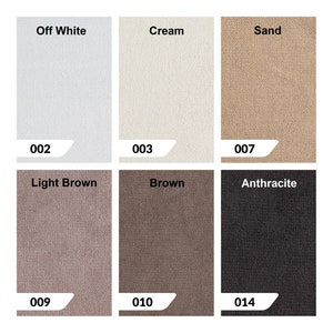 May include: Six fabric swatches in different colors: off white, cream, sand, light brown, brown, and anthracite. Each swatch has a number printed on it: 002, 003, 007, 009, 010, and 014.