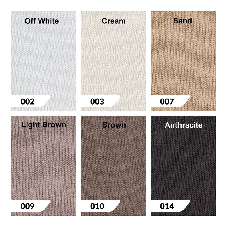 May include: Six fabric swatches in different colors: off white, cream, sand, light brown, brown, and anthracite. Each swatch has a number printed on it: 002, 003, 007, 009, 010, and 014.