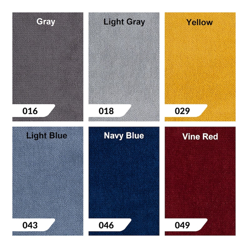 May include: Six fabric swatches in different colors: gray, light gray, yellow, light blue, navy blue, and vine red. Each swatch has a number printed on it: 016, 018, 029, 043, 046, and 049.
