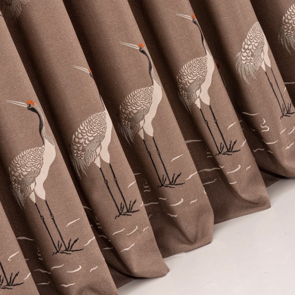 Crane Bird Embroidered Pencil Pleat Curtains, 5 Colors. Crane Bird Pattern Custom Made Curtains, Living room, and Bedroom Curtain Panels.