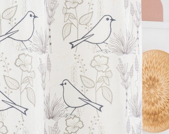 Organic Linen Curtains Bird Embroidered 2 Colors %100 Natural Linen Custom Curtains. Organic Linen Drapes.