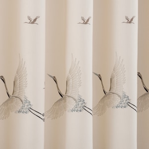 Bird Embroidered Curtains, White Curtains with Crane Bird Pattern, Custom Curtains, Living room, and Bedroom And Shower Curtain Panels.