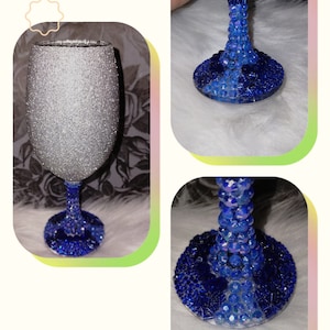 Customized silver glitter wine glass with bedazzled stem.