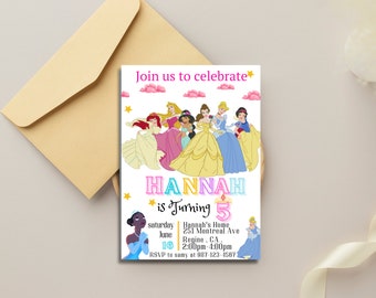 Editable Princess Birthday Canva Template, Princess Birthday Party Invitation Gold and Pink invitation, Princess Party, Princess Celebration