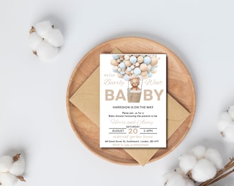 Editable Gender Neutral We Can Bearly Wait Hot Air Balloon Bear Theme Baby shower invite Boho Brown Bear Baby shower instant download