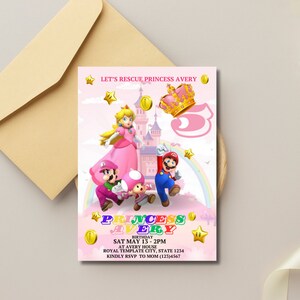 Mario Prinzessin Peach Einladung, Mario Geburtstagseinladung für Mädchen, bearbeitbare Mario Pink Geburtstagskarte, Mario Prinzessin Einladung für Mädchen