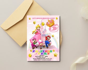 Mario Princess Peach Invitation, Mario Birthday Invitation for Girl, Editable Mario Pink Birthday Card, Mario Princess Invitation for Girl