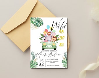 Wild One Birthday Boy Invitation, EDITABLE Safari Animals Party Invite Template, Jungle Safari Theme First Birthday, Instant Download