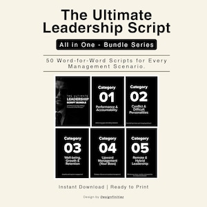 May include: A graphic with the text "The Ultimate Leadership Script" and "All in One - Bundle Series." It includes six black and white category cards with titles like "Performance & Accountability" and "Conflict & Difficult Personalities."