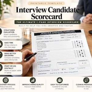 Op de afbeelding: Een printbaar interview scorekaart sjabloon met secties voor kerncompetenties, rolspecifieke vaardigheden en een algemene beoordeling. Het document bevat velden voor de naam van de kandidaat, functie, interviewer en datum.