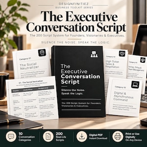 May include: A black book titled The Executive Conversation Script with the subtitle The 200 Script System for Founders, Visionaries & Executives. It is surrounded by white cards labeled Category 01, 02, 03, and 10, featuring text and icons.