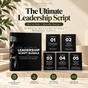 May include: A digital product bundle titled The Ultimate Leadership Script featuring a main book cover with a man in a suit and five black category cards labelled 01 through 05, detailing management scripts for professional scenarios.
