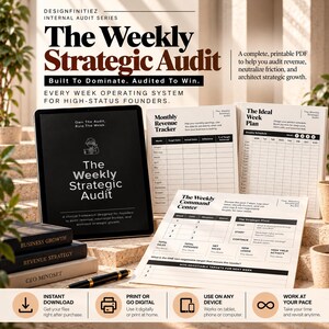 May include: A digital tablet and printed documents titled The Weekly Strategic Audit, Monthly Revenue Tracker, The Ideal Week Plan, and The Weekly Command Center. The materials feature black text on white paper, designed for business growth and revenue strategy.