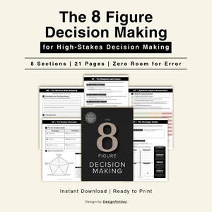 Könnte beinhalten: Ein digitaler Download mit dem Titel "The 8 Figure Decision Making" für Entscheidungen mit hohem Risiko. Das Cover ist schwarz mit großem, fettem Text. Das Bild enthält 8 Abschnitte, 21 Seiten und den Text "Zero Room for Error."