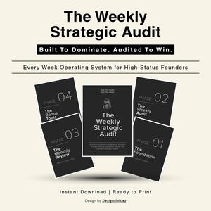Könnte beinhalten: Grafikdesign für ein wöchentliches strategisches Audit, mit dem Titel "The Weekly Strategic Audit" in fetter schwarzer Schrift. Das Design umfasst vier schwarze Karten mit der Aufschrift "Phase 01" bis "Phase 04" und den Text "Built To Dominate. Audited To Win."