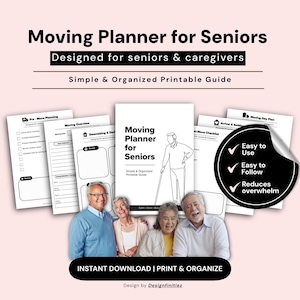 May include: A printable moving planner for seniors and caregivers. The cover features a line drawing of a senior with a cane. The planner includes checklists and guides. Text on the image says "Easy to Use", "Easy to Follow", and "Reduces overwhelm".