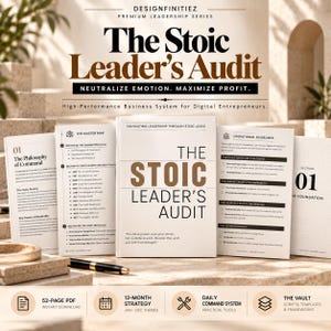 以下が含まれることがあります： The Stoic Leader's Auditと題されたビジネスシステム。中央の書籍、開かれた2枚のドキュメントページ、黒いペンで構成されています。テキストにはThe Philosophy of Command、The Master Map、Operational Guidelinesなどの見出しが含まれています。