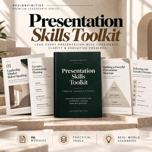 Może przedstawiać: Ciemnozielona książka w twardej oprawie zatytułowana Presentation Skills Toolkit z serii Premium Leadership Series, otoczona czterema białymi kartami informacyjnymi szczegółowo opisującymi moduły dotyczące przywództwa, planowania i struktury.