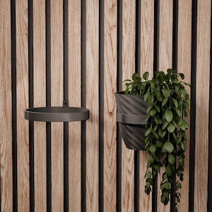 May include: A modern wall-mounted planter and a matching round shelf in a dark gray finish. The planter holds a trailing green plant, set against a backdrop of vertical wooden slats.