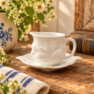 May include: A white ceramic creamer pitcher with a raised leaf texture pattern and a matching leaf-shaped saucer. The pitcher features a curved handle and a pouring spout, both crafted from glossy white porcelain with intricate botanical details.