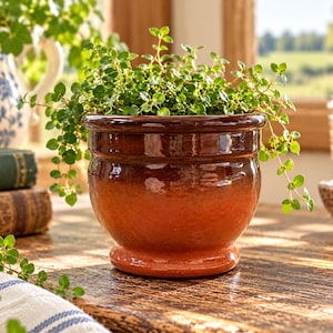 Può includere: Un vaso rotondo in ceramica smaltata con una finitura sfumata che passa da un bordo marrone scuro a una base color arancio terracotta, contenente una piccola pianta verde a foglia con steli ricadenti che superano i bordi.