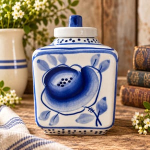 May include: A square ceramic jar with a white base and blue hand-painted floral motifs. The jar features a matching lid with a blue knob, rounded corners, and decorative blue dots along the top and bottom edges, creating a classic aesthetic.