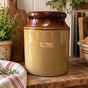 May include: A cylindrical stoneware crock featuring a two-tone design with a glossy dark brown glazed rim and a smooth tan body. The vessel has a thick, rounded lip and a small, rectangular, light-colored paper label centered on the front side.