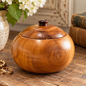 May include: A round, polished wooden bowl with a matching domed lid and a small, dark brown knob handle. The wood features a prominent natural grain pattern in warm honey and amber tones, showcasing a smooth, glossy finish on its exterior surface.