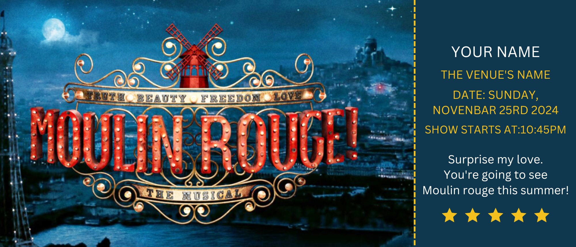 MOULIN ROUGE Ticket Printable Musical Theatre Faux Event Admission MOULIN ROUGE Ticket Printable Musical Theatre Faux Event Admission