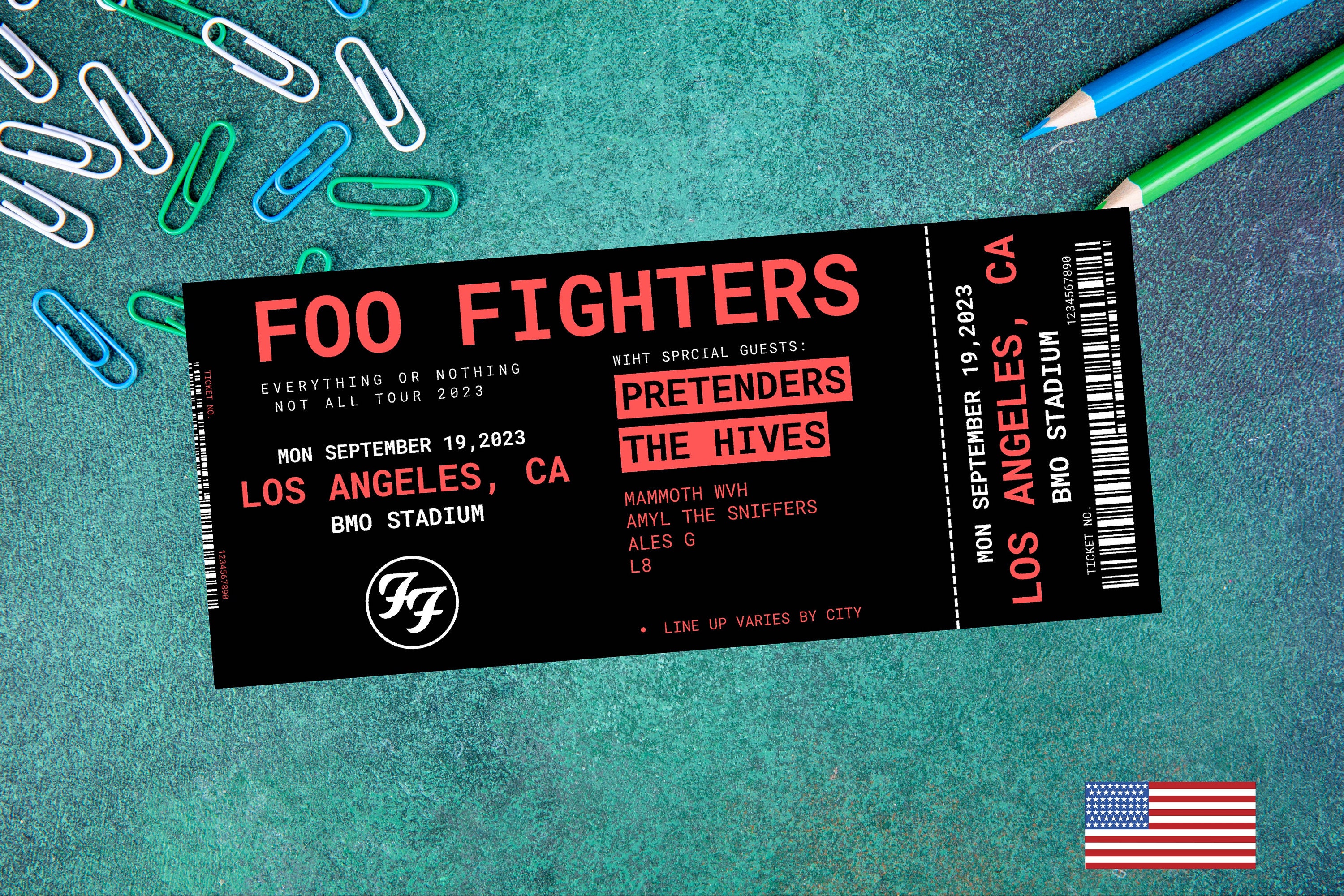 Editable Foo Fighters US Tour 2024, Presentation Gift Tickets, Music