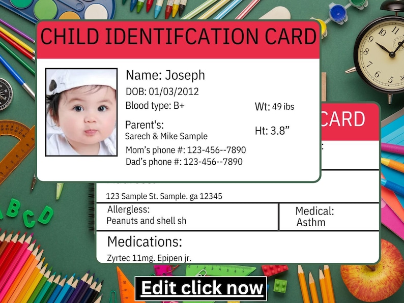Child ID Card Template, Etsy