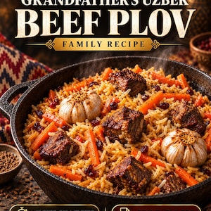 Könnte beinhalten: Eine gusseiserne Pfanne mit usbekischem Rindfleisch-Plov, bestehend aus Rindfleischstücken, orangen Karottenstreifen, ganzen Knoblauchknollen und dunklen Beeren. Der Text lautet GRANDFATHER'S UZBEK BEEF PLOV FAMILY RECIPE, MINUTE-BY-MINUTE, PRINTABLE PDF.