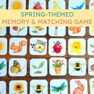 Gioco di memoria e abbinamento primaverile Montessori Busy Bag stampabile per l'asilo e la scuola materna Attività di motricità fine Carta a tema natura acquerellata
