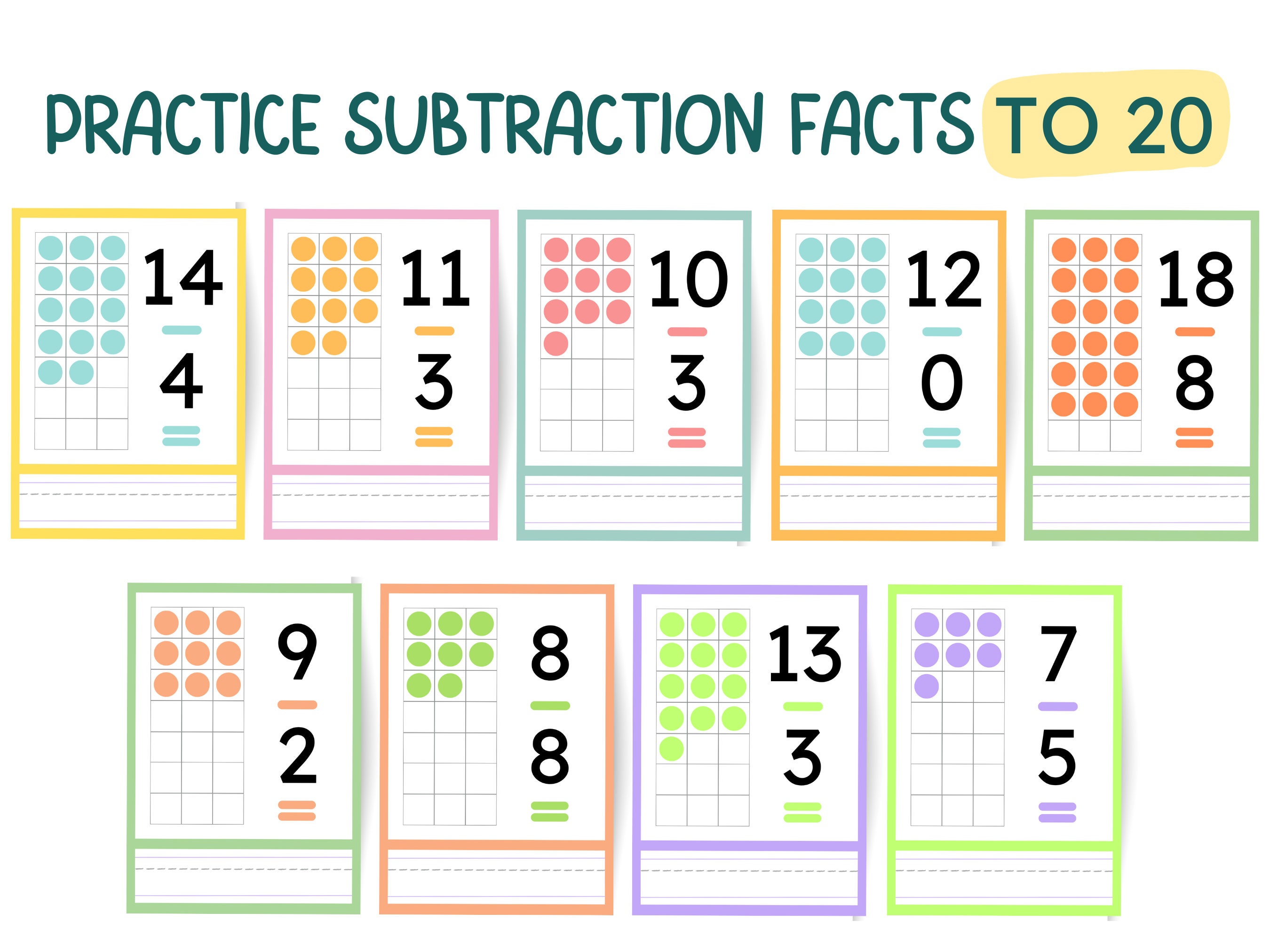 Subtraction Flashcards and Task Cards: Facts to 20, Math Center and ...