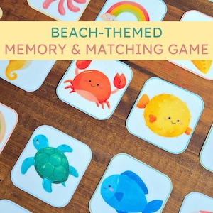 Zomerherinnering en foto-matchingspel Aquarel zee- en strandthemakaarten Schermvrij en reisvriendelijk spel voor kinderen en kleuters